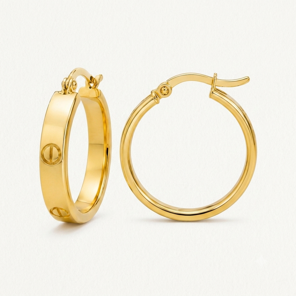 10K Yellow Gold Love Screw Hoop Earrings – 4mm Thick, 24mm Diameter, 3.2g
