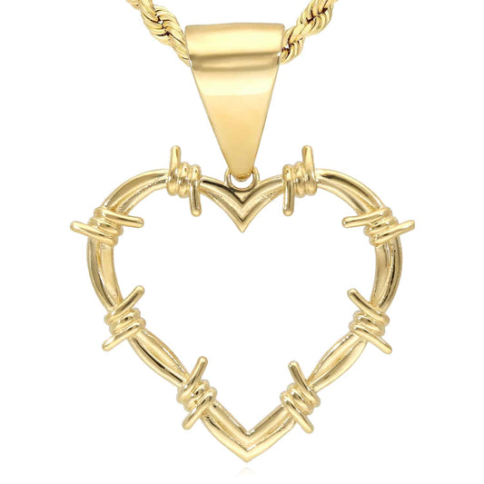 Italian 14k Real Yellow Gold Barbed Wire Heart Pendant