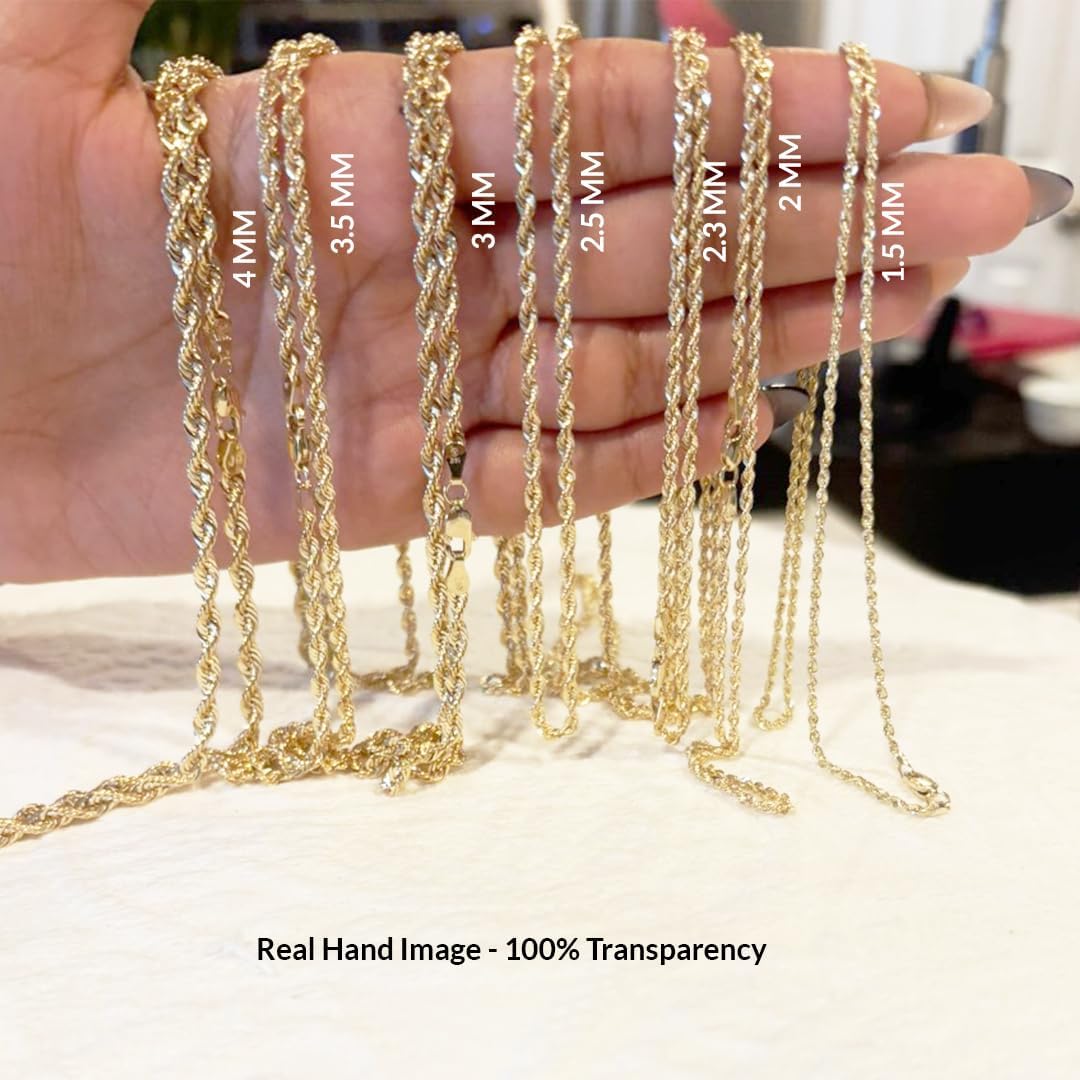 Italian 10K Real Solid Gold 2.3mm Rope Chain Necklace  (16"-24")
