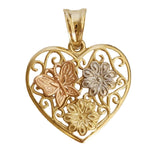 14k Yellow Multi-Tone Gold Butterfly and Flowers Heart Shaped Pendant