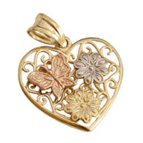 14k Yellow Multi-Tone Gold Butterfly and Flowers Heart Shaped Pendant