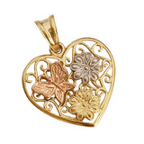 14k Yellow Multi-Tone Gold Butterfly and Flowers Heart Shaped Pendant