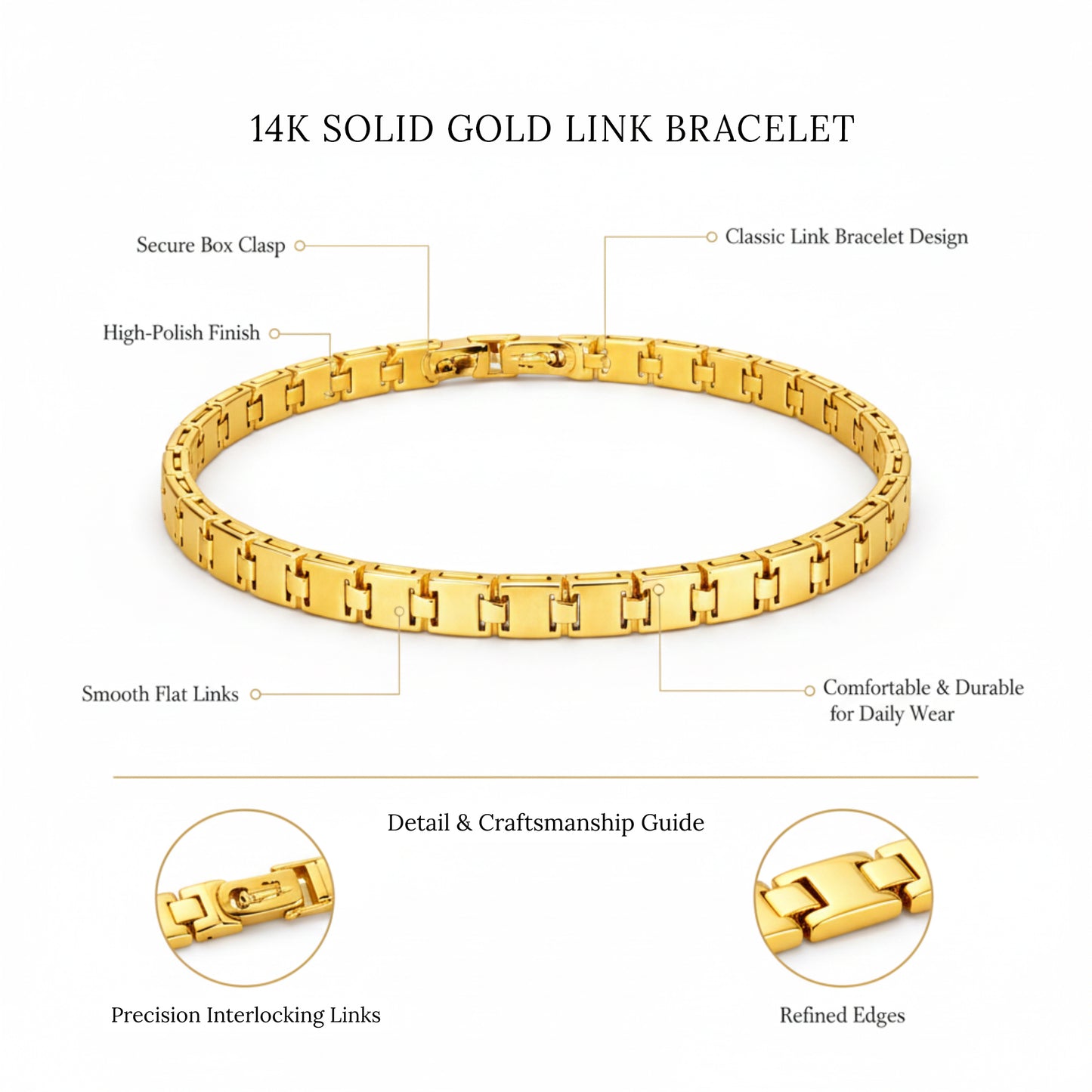 Italian 14K Solid Yellow Gold Rail road  Link Bracelet