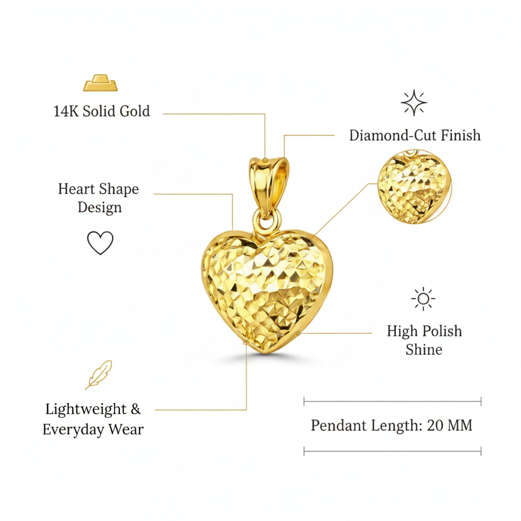 Italian 14K Yellow Gold Diamond Cut Heart Pendant