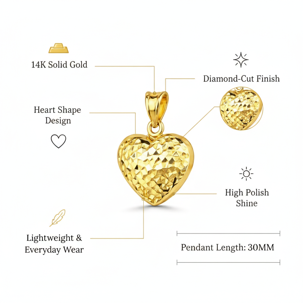Italian 14K Yellow Gold Diamond Cut Heart Pendant