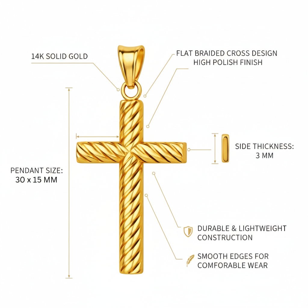 Italian 14K Yellow Gold Flat Braided Cross Pendant
