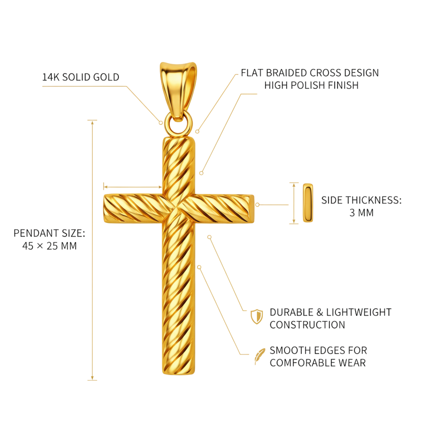 Italian 14K Yellow Gold Flat Braided Cross Pendant