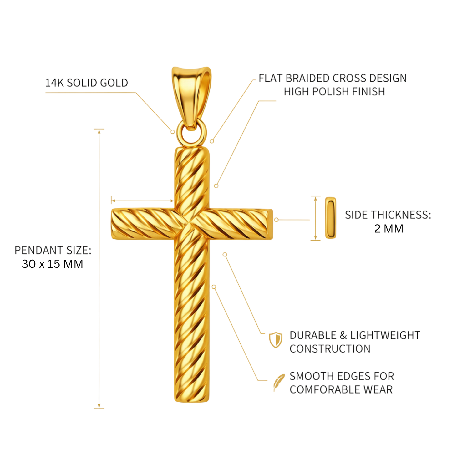 Italian 14K Yellow Gold Flat Braided Cross Pendant