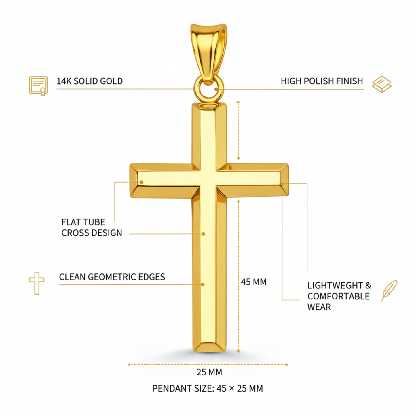 Italian 14K Yellow Gold Flat Tube Cross Pendant