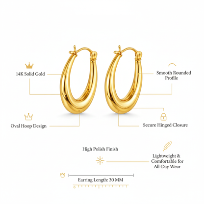 Italian 14K Yellow Gold Oval Shape Hoop Earrings