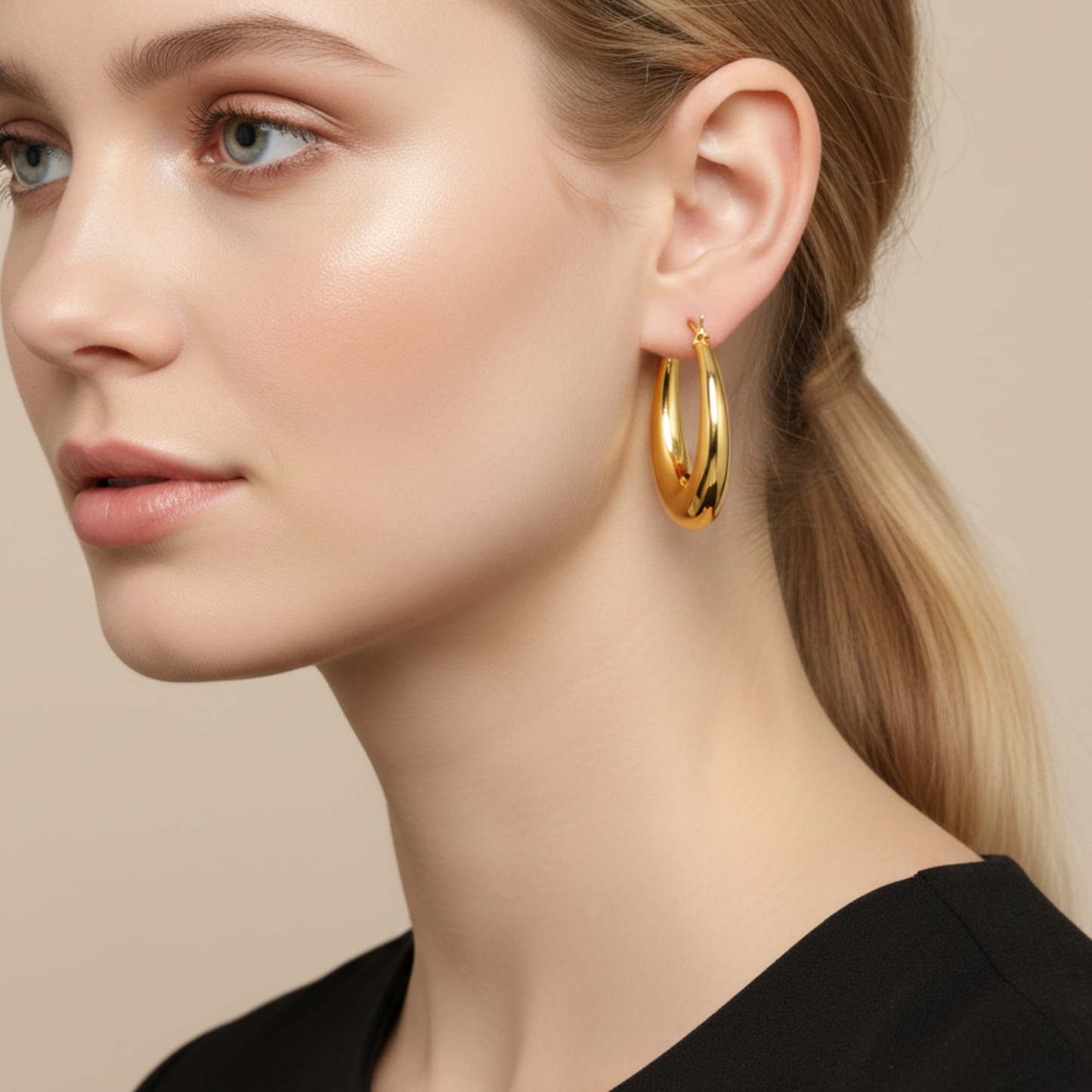 Italian 14K Yellow Gold Oval Shape Hoop Earrings