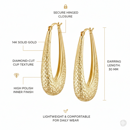 Italian 14K Yellow Gold Diamond Cut Elongated Hoop Earring