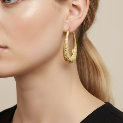 Italian 14K Yellow Gold Diamond Cut Elongated Hoop Earring