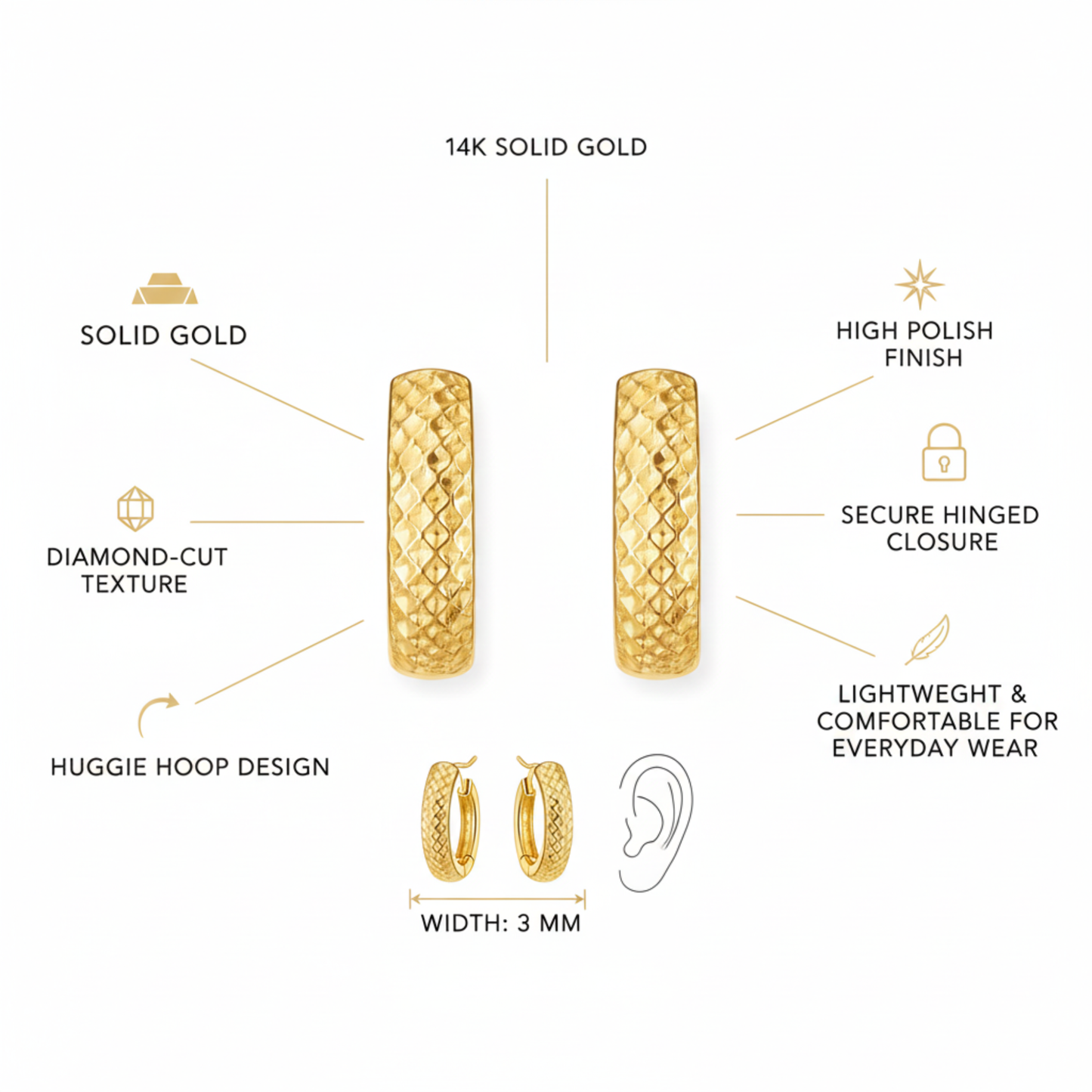 Italian 14K Yellow Gold Wide Huggie Hoop Earrings