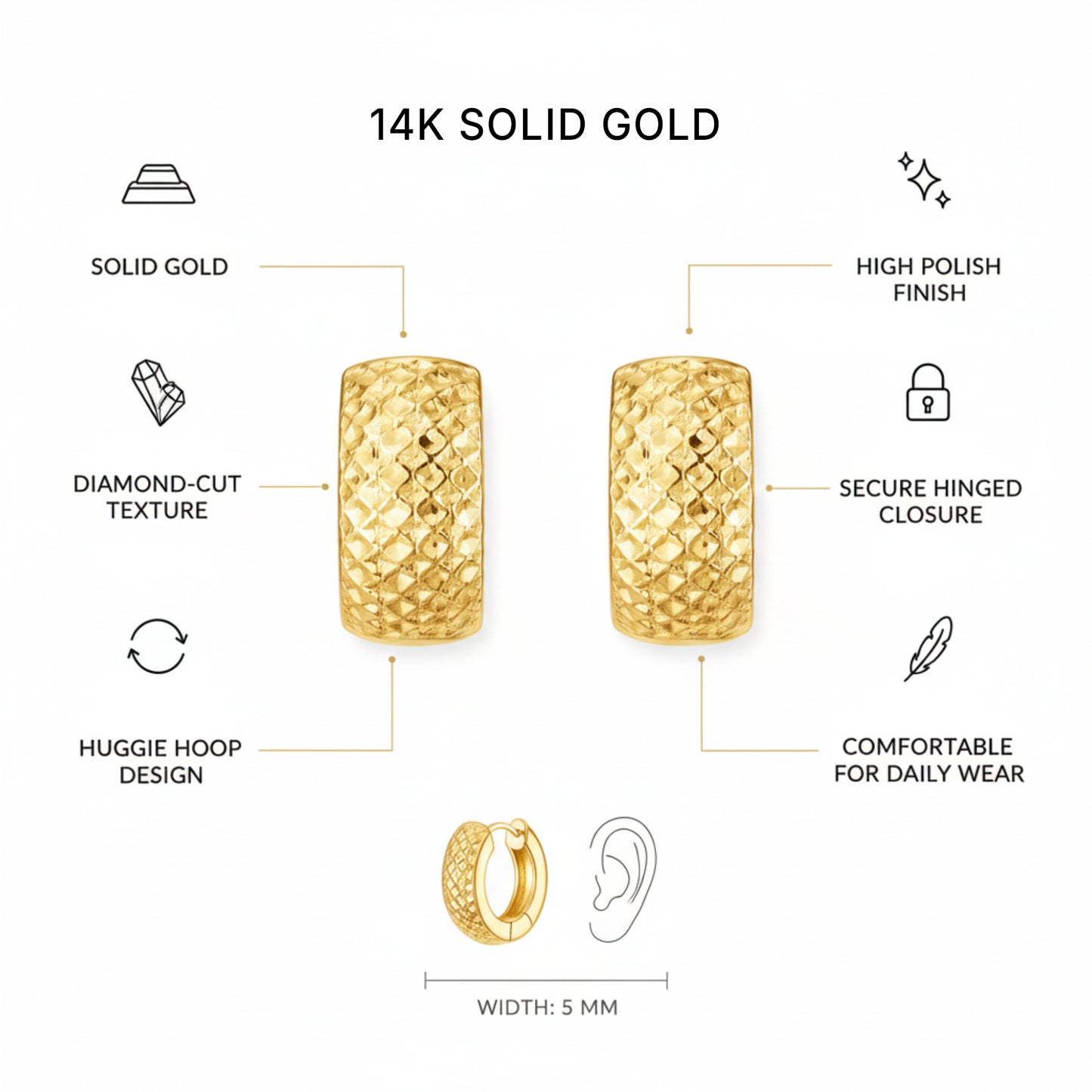 Italian 14K Yellow Gold Wide Huggie Hoop Earrings