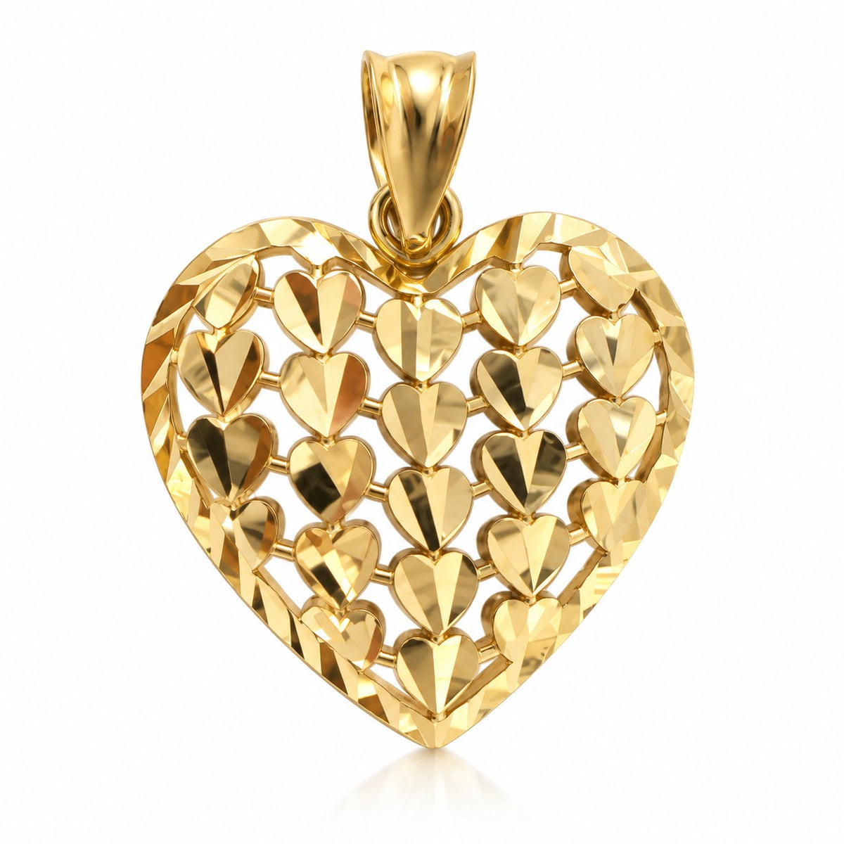 14k Italian Solid Real Yellow Gold Hearts On Heart Pendant Charm