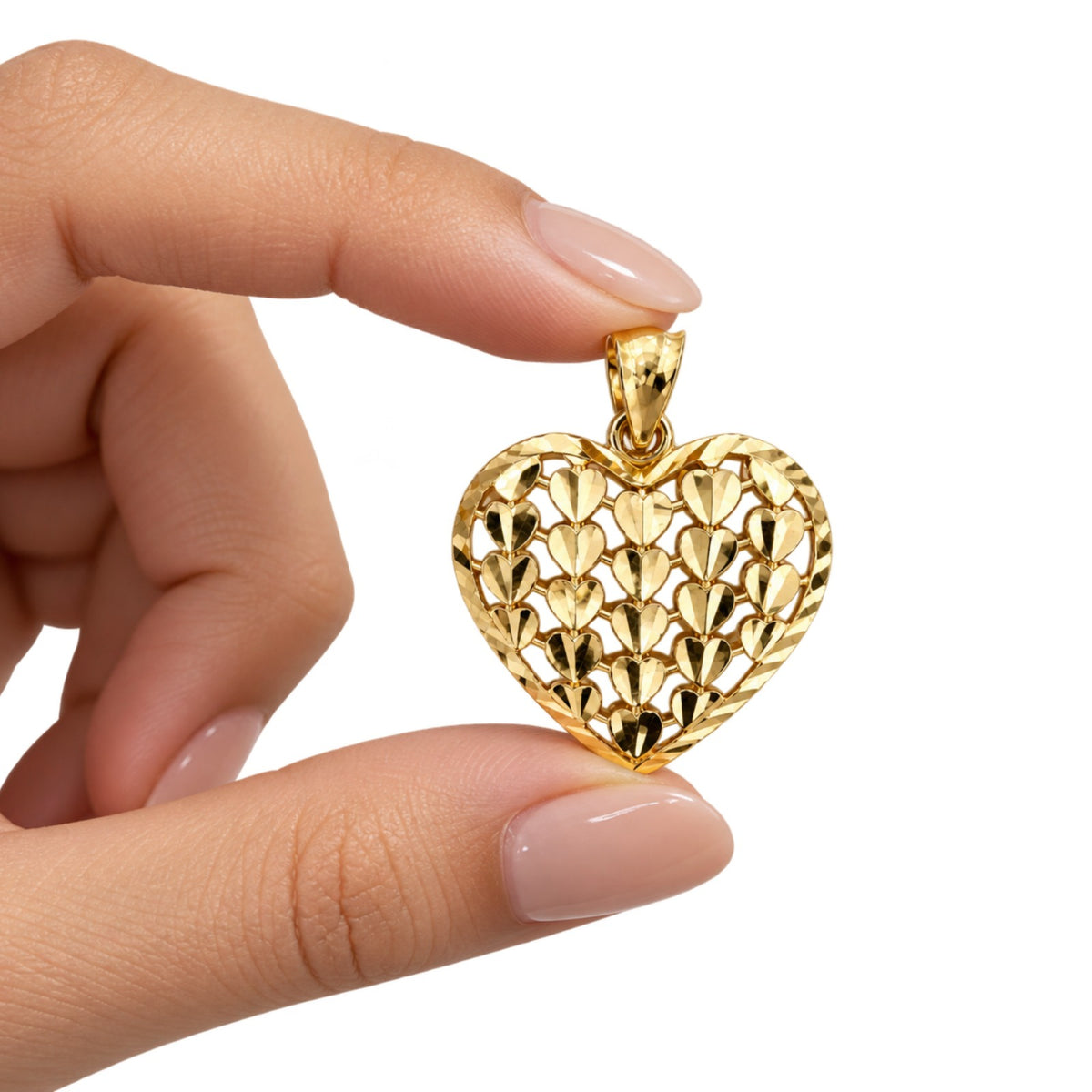 14k Italian Solid Real Yellow Gold Hearts On Heart Pendant Charm