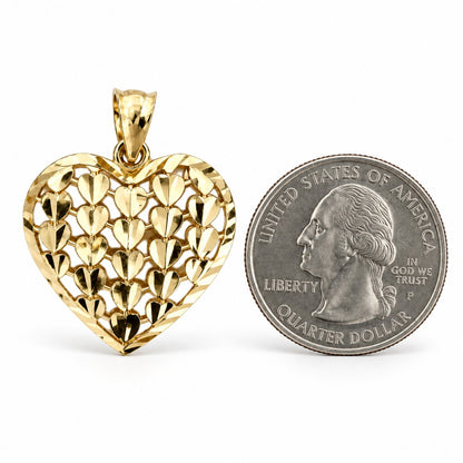 14k Italian Solid Real Yellow Gold Hearts On Heart Pendant Charm