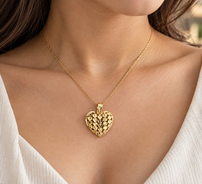 14k Italian Solid Real Yellow Gold Hearts On Heart Pendant Charm