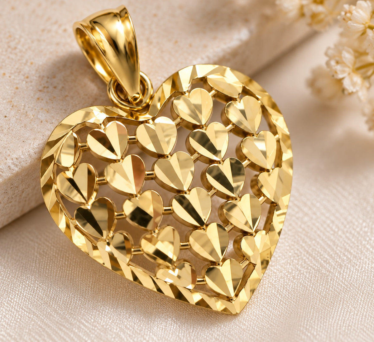 14k Italian Solid Real Yellow Gold Hearts On Heart Pendant Charm