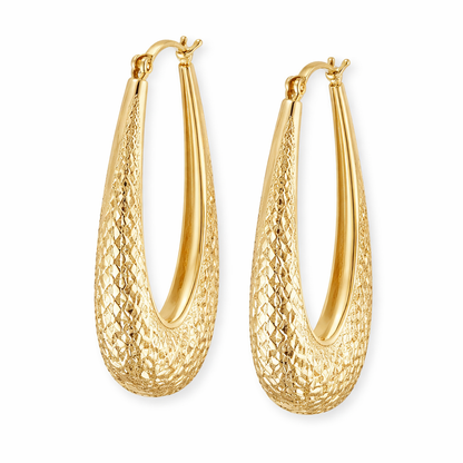Italian 14K Yellow Gold Diamond Cut Elongated Hoop Earring