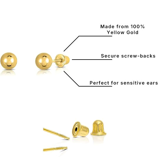 Italian 14k Real Yellow Gold Ball Stud Earring