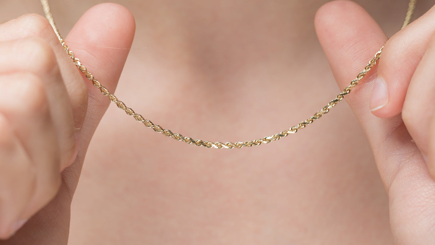 Cadena de cuerda italiana de oro amarillo auténtico de 10 quilates, 24 pulgadas, 1,5 g 