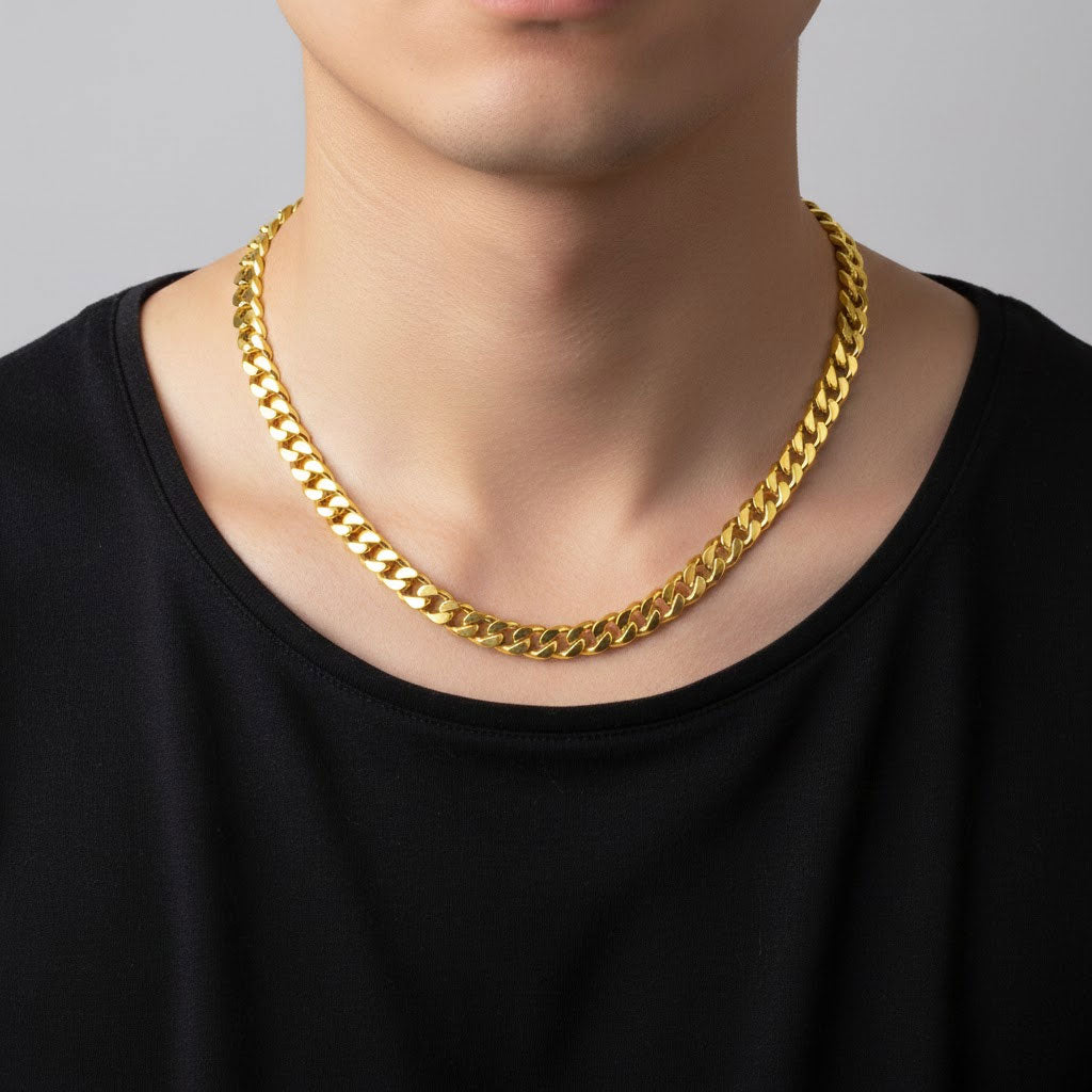 Italian 14K Yellow Gold Plated Solid Miami Cuban Chain Necklace in Sterling Silver (16.6gm-21gm)