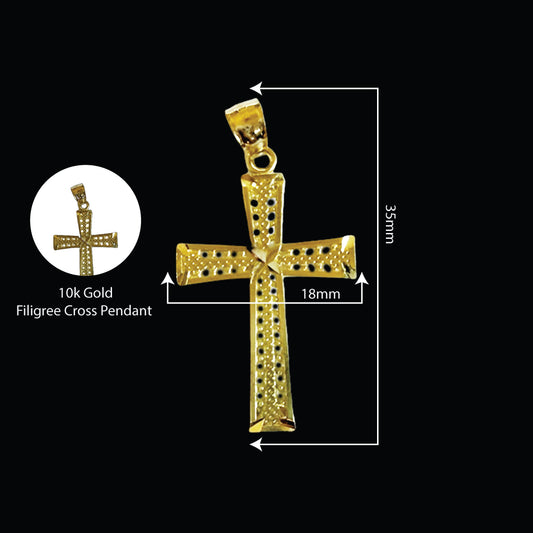 Italian 10K Yellow Gold Diamond Cut Filigree Cross Pendant – 35x18mm