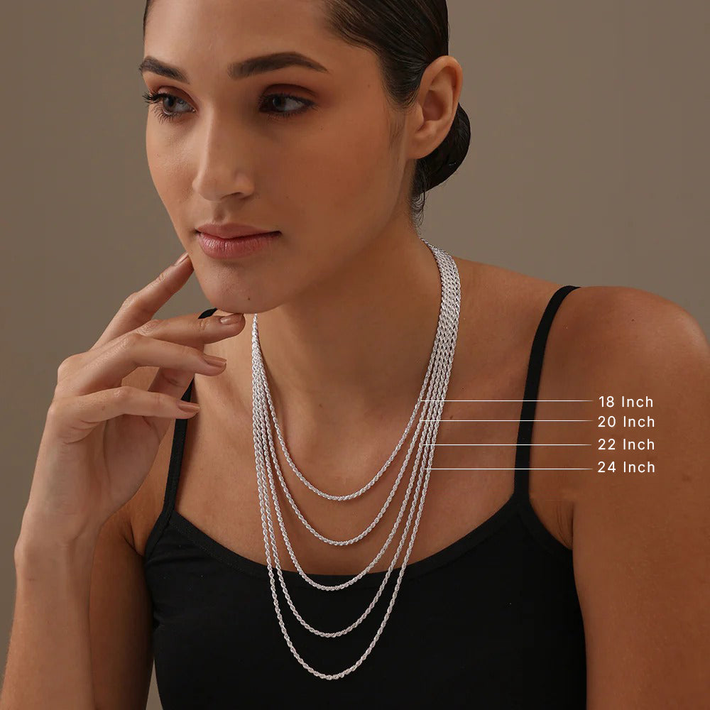 925 Sterling Silver Rope Chain Necklace –Multiple Thickness (2mm, 2.5mm, 3mm)(18–24 inches)