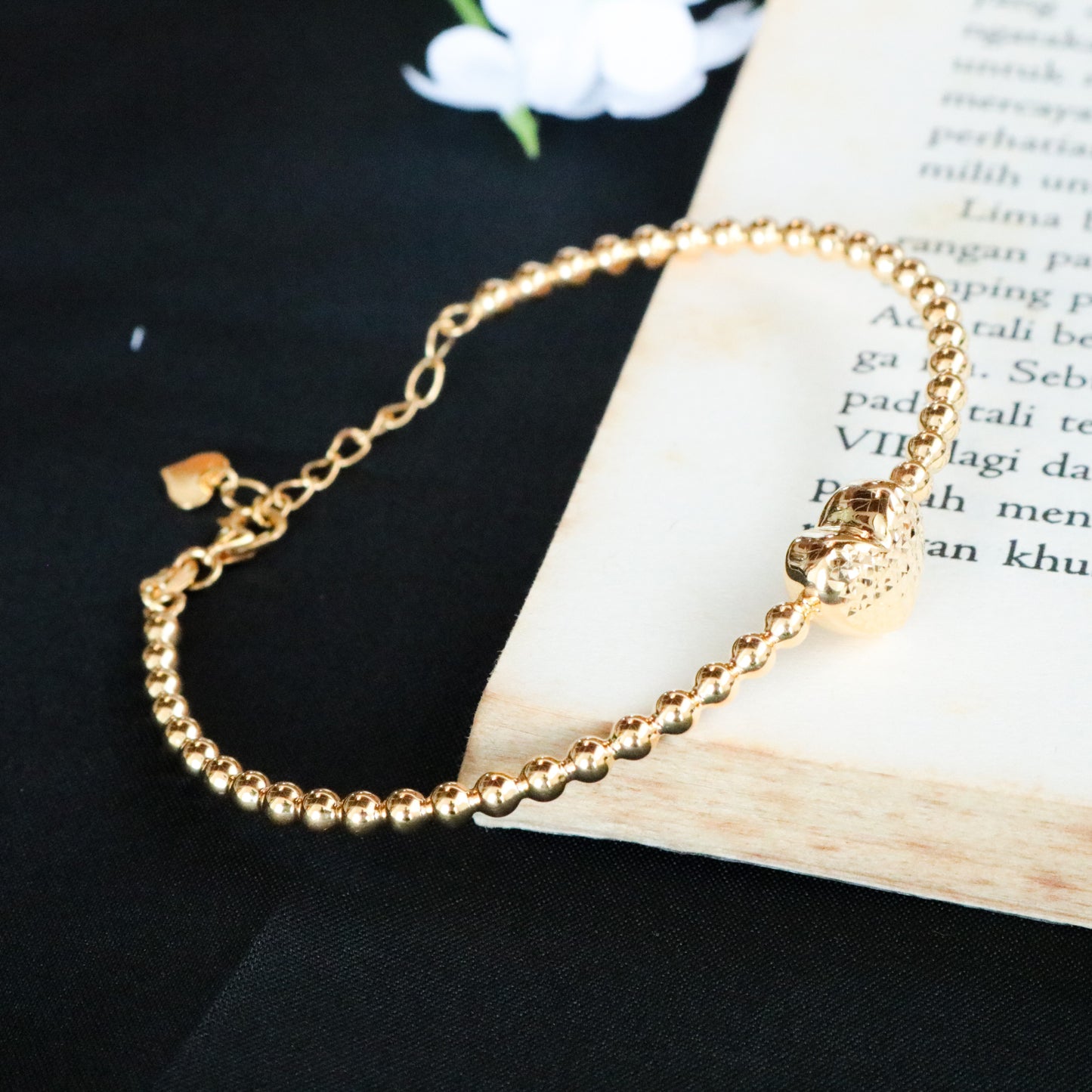 Pulsera de oro amarillo auténtico de 22 quilates con cuentas redondas de corazón de 7"+1,5" y 6,1 g