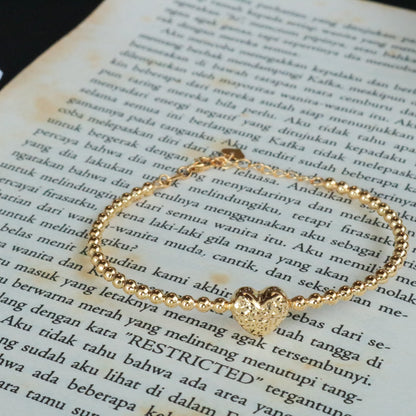 22k REAL Yellow 7"+1.5"Gold Round Beaded Heart Bracelet  6.1g