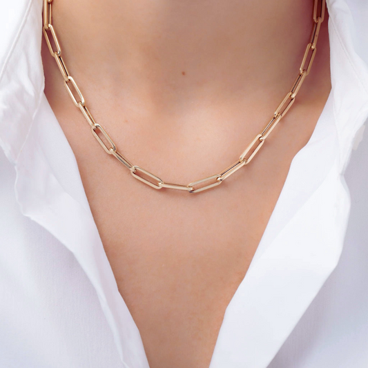 Italian 10K Real Solid Gold 3mm Paperclip Chain Necklace (16"-24")