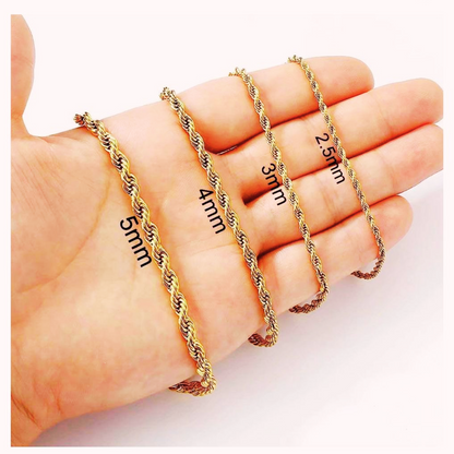 Italian 10K Real Solid Gold 3.5mm Rope Chain Necklace (18"-24")